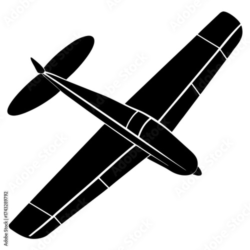 Black silhouette of a glider airplane with white accents