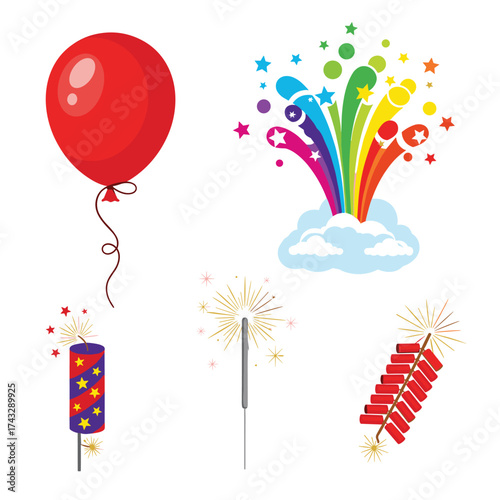 Celebration elements including a balloon fireworks and confetti bursts.
