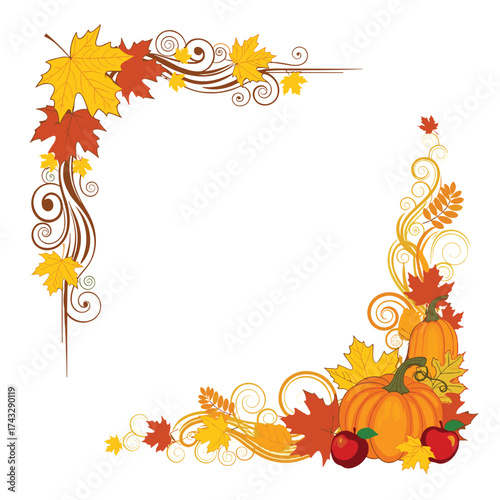 Autumnal foliage and bountiful harvest decorative elements creating a festive seasonal frame.