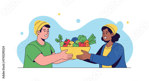 Two people sharing a bowl of fresh healthy vegetables and fruits with each other.