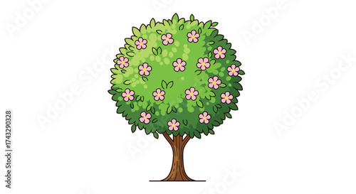 A vibrant green tree with delicate pink blossoms stands tall on a white background.