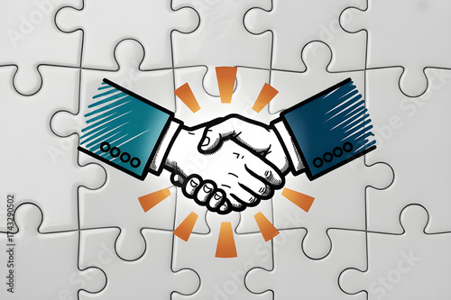 Puzzle Piece with Handshake Illustration Symbolizing Collaboration and Partnership