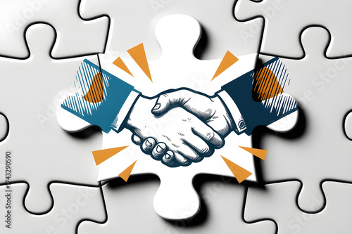 Puzzle Piece with Handshake Illustration Symbolizing Collaboration and Partnership