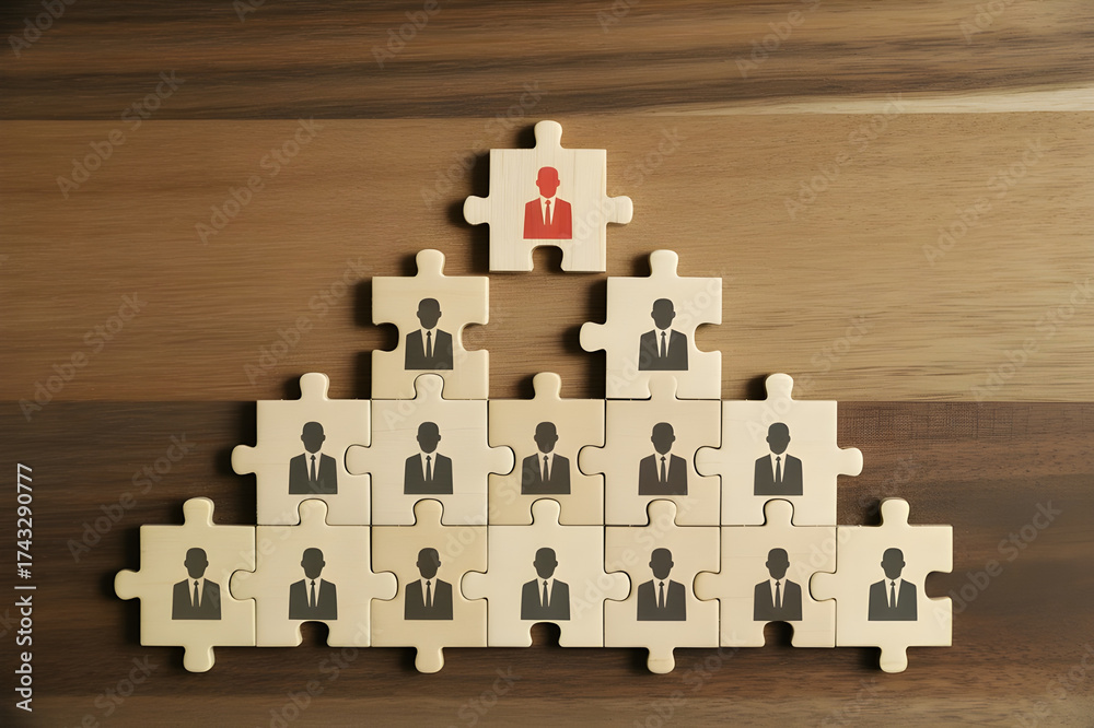 Fototapeta premium Puzzle Pyramid with Red Leader Piece – Concept of Leadership and Teamwork