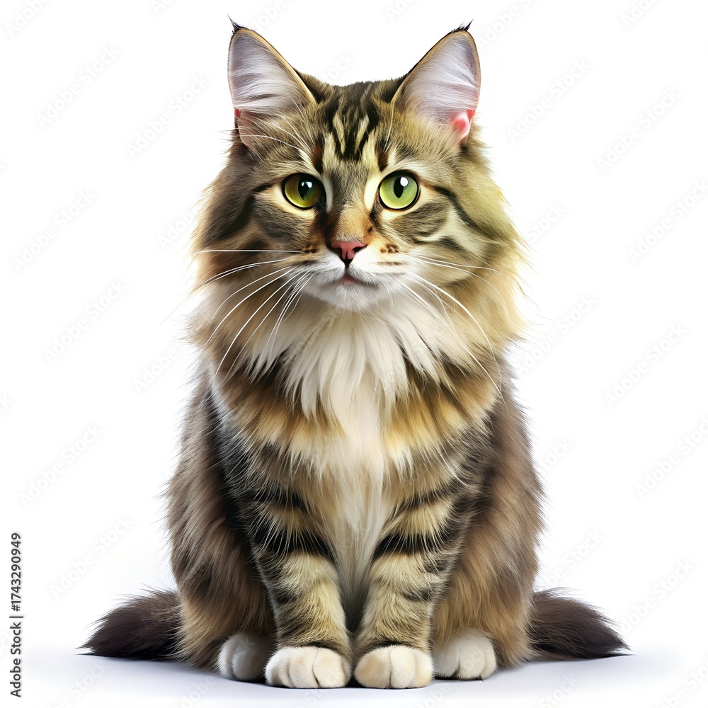 Obraz premium Long Haired Tabby Cat Sitting Front View White Background