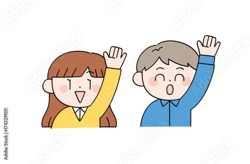 手をあげる男女2人のイラスト