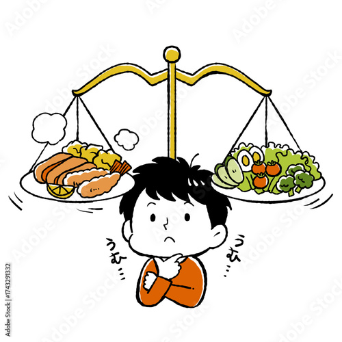 男性が食事のバランスに悩んでいるイラスト