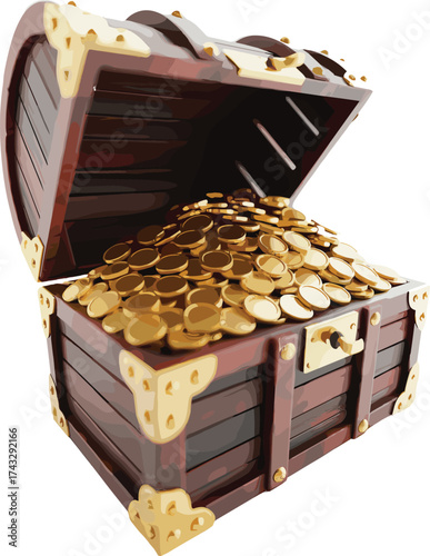 Treasure chest filled with gold coins, pirate loot, wooden box, wealth concept, adventure symbol, financial success, vintage treasure discovery