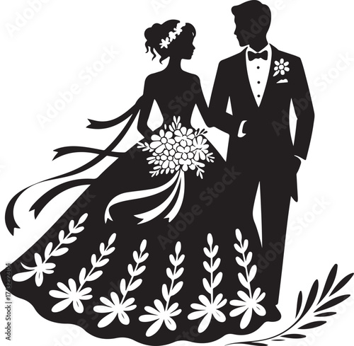 Elegant bride and groom silhouette celebrate wedding day