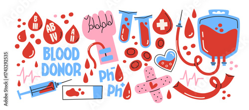 Blood donation icons in retro cartoon. Medical set: blood bag, test tubes, gloves, syringe, drop, clipboard. Healthcare support concept, illustration in funky, doodle style. stickers set.