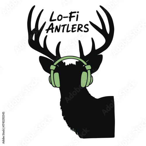 A stylized deer skull wearing headphones lo fi aesthetic design
