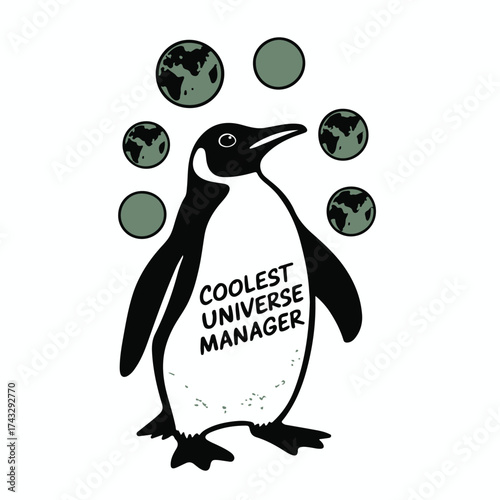 A penguin juggles planets with a playful message about the universe