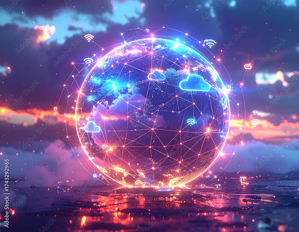 Obraz premium network sphere with floating data streams, icons of cloud, Wi-Fi, and connections around it