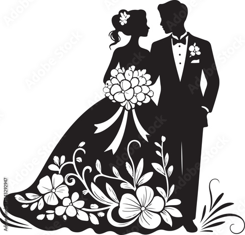 Elegant bride and groom silhouette, floral wedding dress