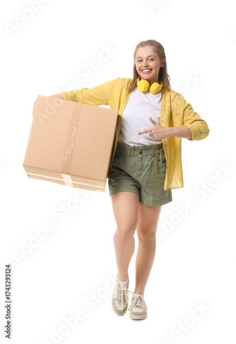 Young woman pointing at car...