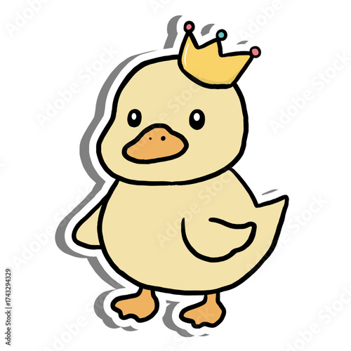 Whimsical cartoon duck wearing a royal crown. Perfect for kids designs, playful themes, nursery art, and seasonal illustrations. Bright, cheerful, and minimal style.