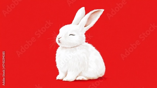 A white bunny with its eyes closed on red