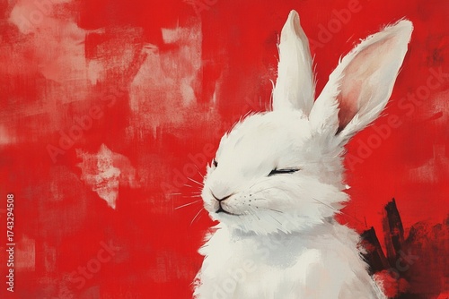 A white bunny with its eyes closed on red