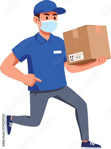 Fast delivery courier in blue uniform, running with package, wearing mask, express logistics service, safe shipping, urgent parcel transport