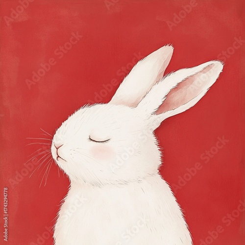 A white bunny with its eyes closed on red