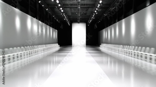 Empty Fashion Runway with White Chairs and Bright Light at the End Reflective Floor and Minimalist Design Ideal for Runway Shows and Fashion Events Dramatic Lighting in a Modern Architecture Setting