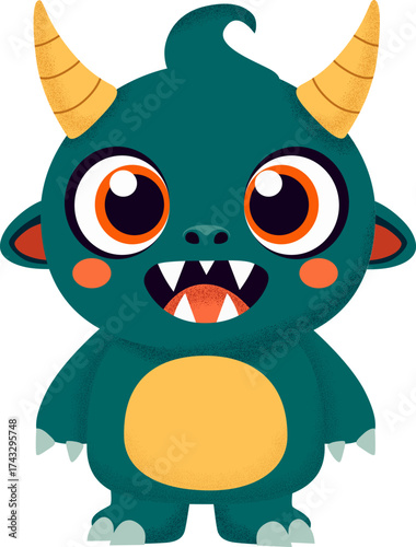 A green monster with horns and a wide, fanged grin. Vector isolated illustration.