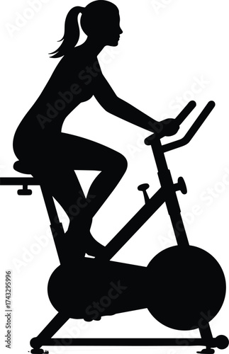 Silhouette, exercise bike, indoor cycling, cardio workout, fitness training, gym equipment, spinning class, healthy lifestyle, ponytail, athlete, motion, sweat, pedal, strength, 