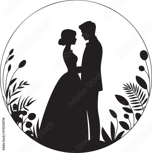 Elegant bride and groom silhouette embrace romantically