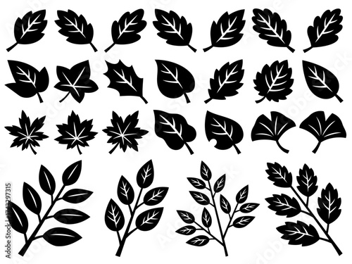 葉っぱと枝の切り絵風シルエットイラストセット