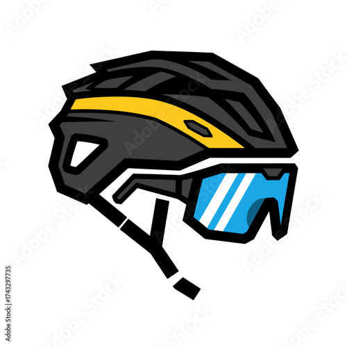 Sleek and dynamic illustration of a modern cycling helmet with blue reflective sunglasses, symbolizing speed and protection for outdoor sports enthusiasts