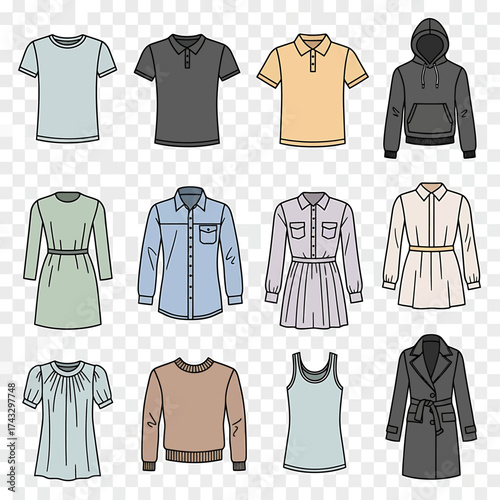Comprehensive Outline Vector Collection of Everyday Garments, Including Shirts, Dresses, and Outerwear for Retail Display and E-commerce Platforms