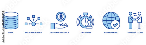 Blockchain icon set illustration concept with icon of data, decentralized, crypto currency, timestamp, network, transactions