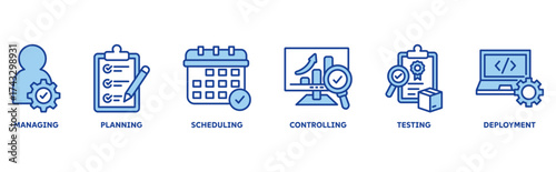 Release Management icon set illustration concept with icon of managing, planning, scheduling, building, testing, controlling, deployment