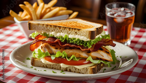 Classic Club Sandwich with Crispy Bacon, Grilled Chicken, Lettuce, and Tomato Served with French Fries on Checkered Tablecloth