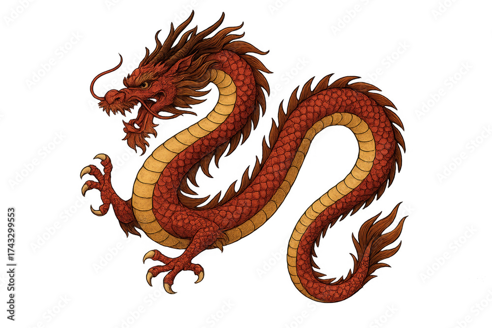 Fototapeta premium Red chinese dragon mythical creature on transparent background