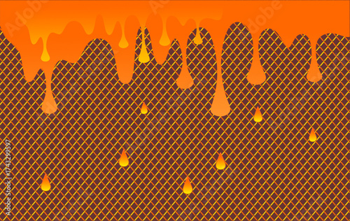 Wavy honey pattern. Orange honey dripping illustration. Abstract honey dripping pattern. Honey dripping on waffle background.