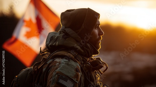 Contemplative soldier in tactical gear gazing at sunset with Canadian flag in background, military service profile illuminated by golden hour light