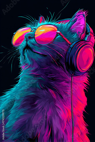 A vibrant, stylized cat wearing sunglasses and headphones, set against a dark background, exuding a cool vibe