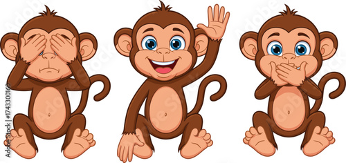 Three wise monkeys cartoon, see no evil, speak no evil, cheerful monkey, ethics illustration, moral proverb, cute animal characters, isolated