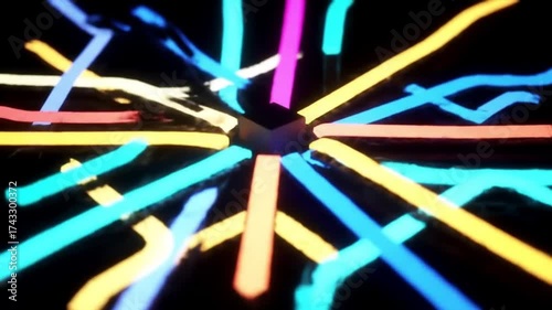 Abstract neon lines radiating from a central cube with futuristic digital art background.