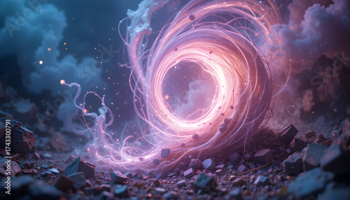 Mystical Neon Portal Ring Surging With Light Over Rugged Rocky Battlefield At Night