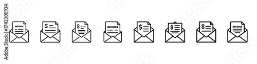 Billing and Invoice Email Line Icons, Invoice Email Line Icons Vector Set – Billing Statement, Payment Due Notification, e-Invoice, Payment Request, Online Billing, Finance and Accounting Symbols