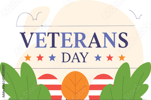 Veterans Day celebration with patriotic symbols and foliage holiday stars
