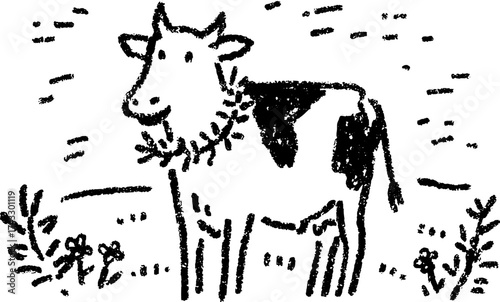 Cow illustration in a simple outline style. Black and white vector design of a grazing animal in a rural landscape.