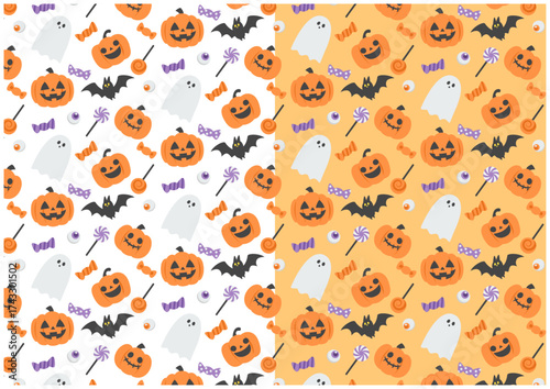 ハロウィンイラストパターン素材セット（ジャックオランタン・おばけ・こうもり・キャンディ）リピート