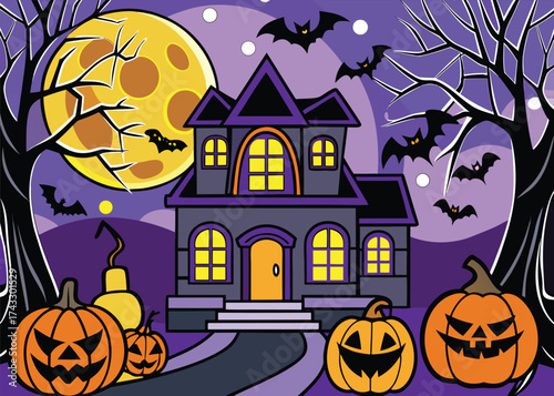 Spooky haunted house with jack o lanterns and bats under a full moon halloween pumpkins