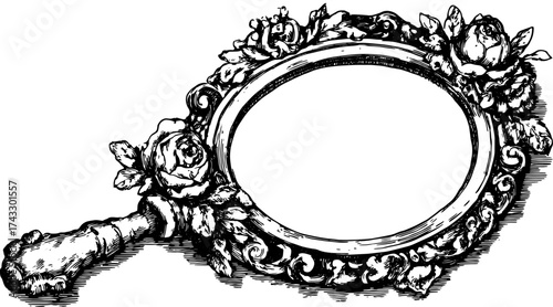 Ornate vintage frame vector illustration with floral decorations. Line drawing in black and white suitable for decorative purposes.