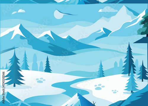 Snowy mountain range with pine trees and paw prints winter mountains