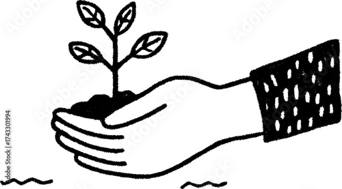 Hand nurturing a sprouting plant in soil, set in a simple black and white design. Vector illustration focused on growth and ecology.