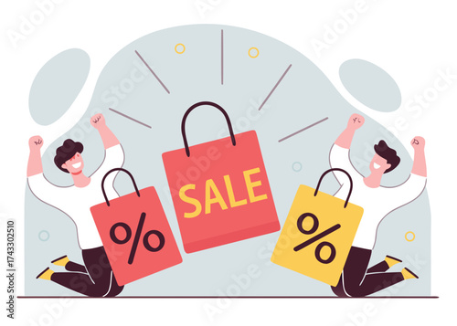 Happy people celebrating shopping bags with sale and percentage symbols discount